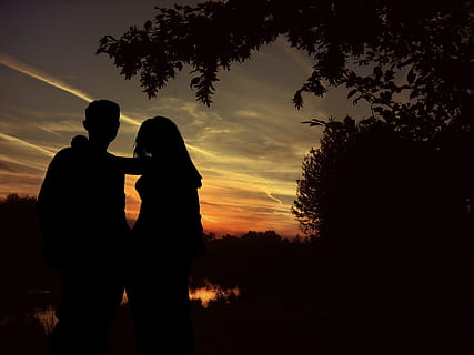 silhouette of man and woman during sunset, lovers, pair, tree HD wallpaper
