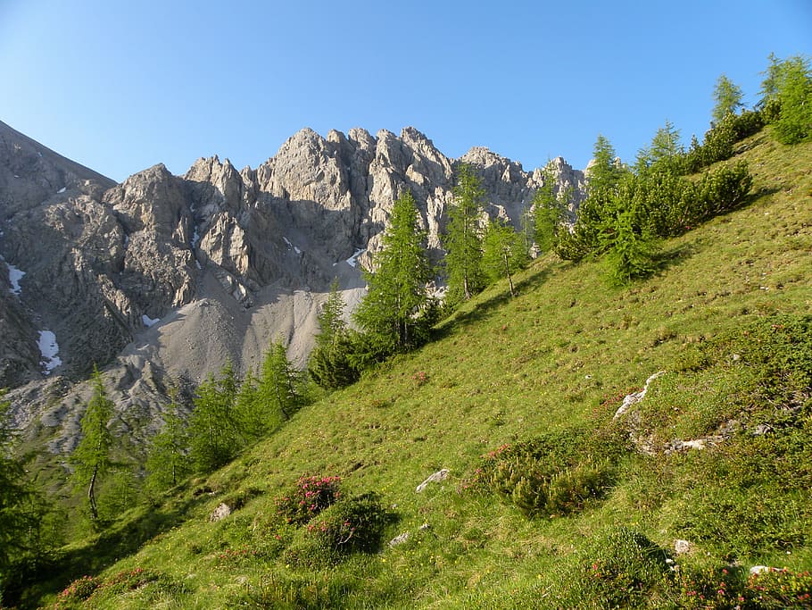 rock formations near green mountain, mountains, lienz, dolomites, HD wallpaper