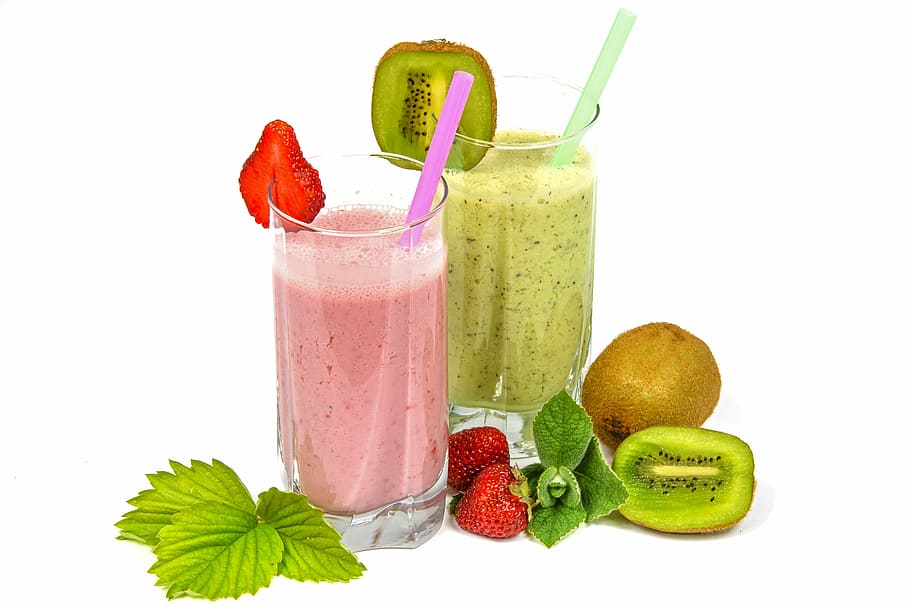 two strawberry and kiwi fruit shakes, fruit cocktails, smoothie, HD wallpaper