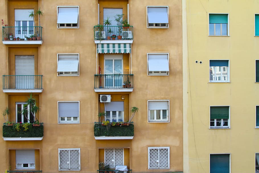 photo of two brown and yellow high rise buildings, window, architecture HD wallpaper