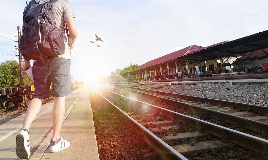 sky, sunny, people, blur, adult, back, backpack, birds, commuters, HD wallpaper