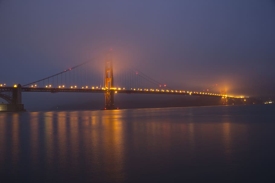 sunset, golden gate bridge, fog, reflection, bay, ocean, sea HD wallpaper
