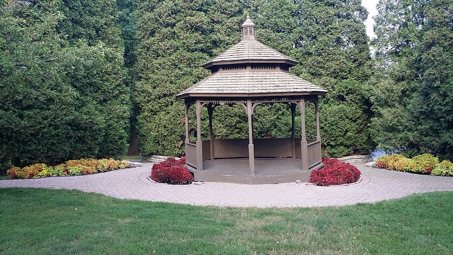 gazebo, green, park, plant, built structure, architecture, tree, HD wallpaper