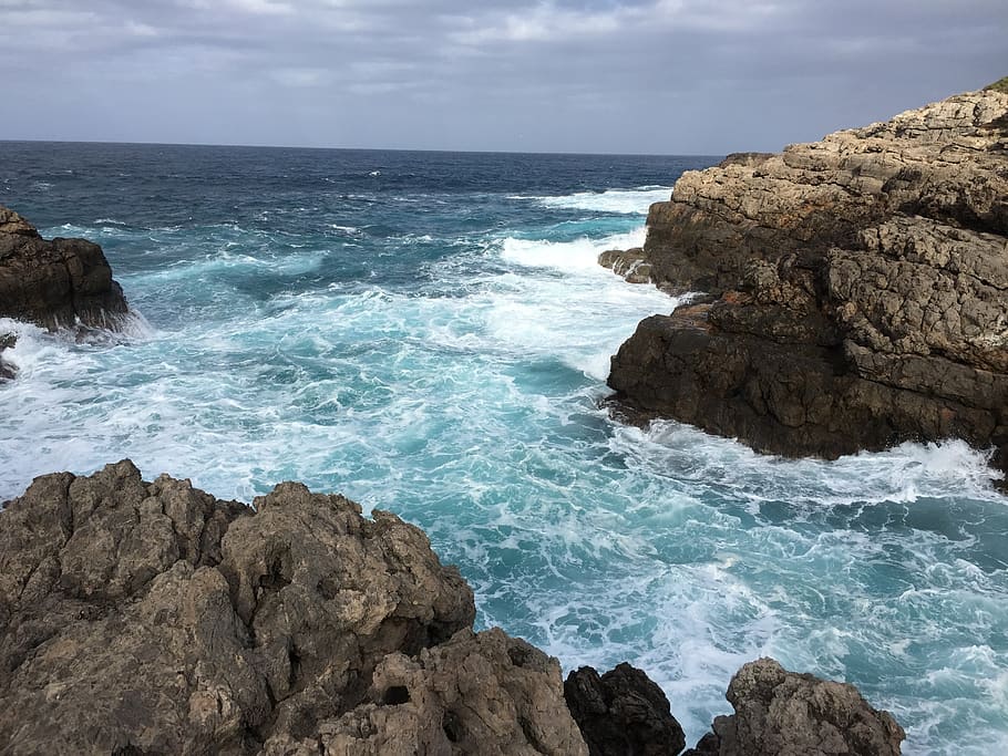 mallorca, sea, rock, blue, steep slope, sea view, water, rock - object, HD wallpaper