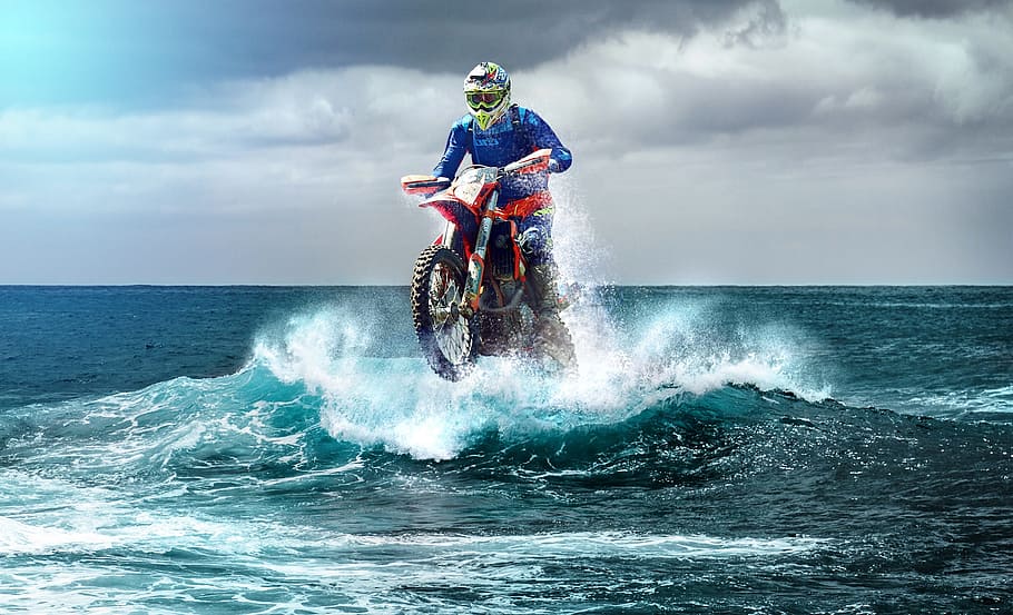 person ride on motocross dirt bike on body of water, Enduro, Wave