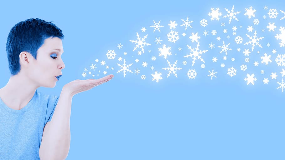 woman blowing snowflakes, cold, female, girl, hands, people HD wallpaper