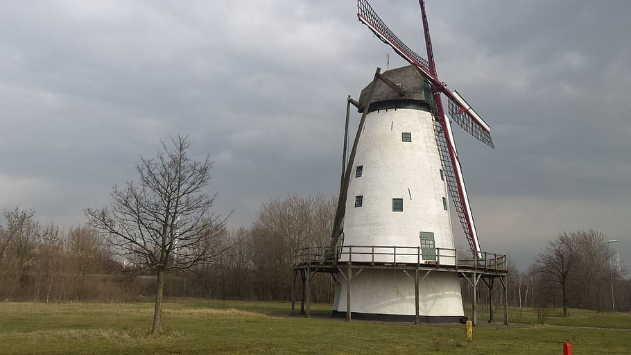 Lillo, Antwerp, Mill, Eénhoorn, white mill, wind power, wind turbine HD wallpaper