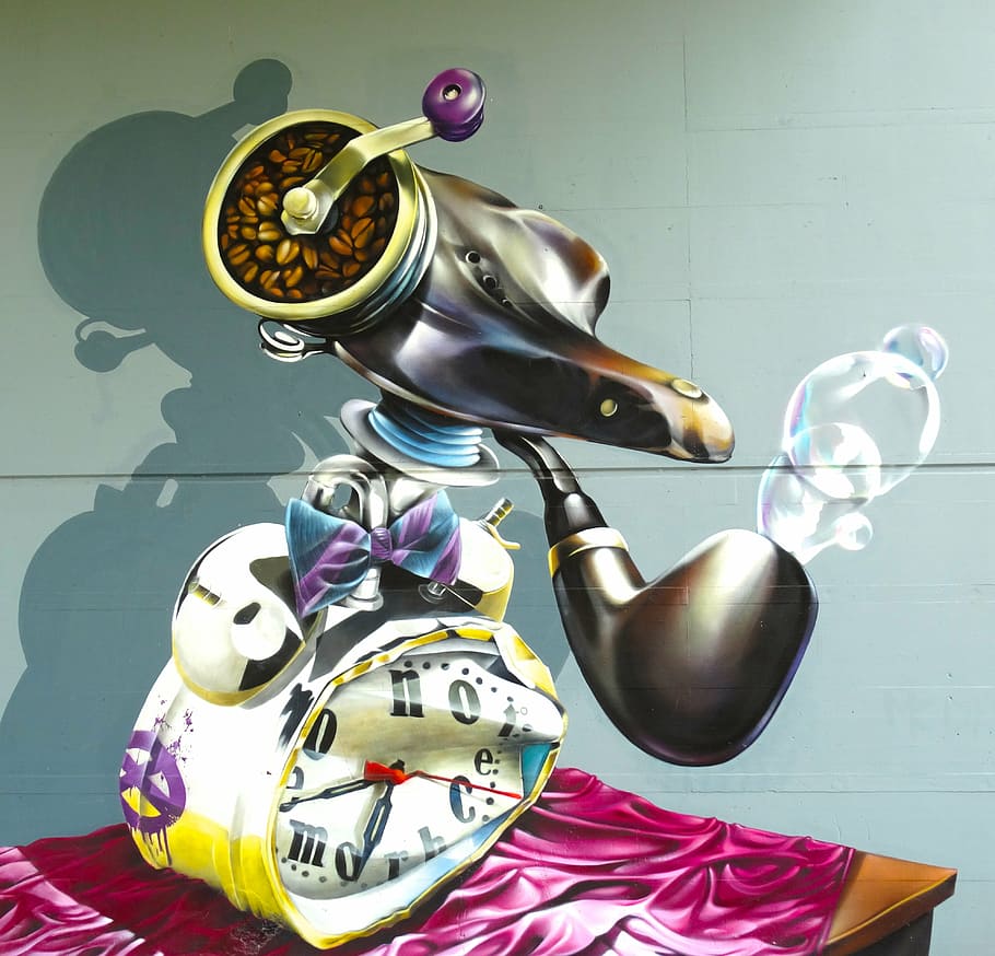 hand crank twin bell clock coffee grinder digital wallpaper, graffiti, HD wallpaper