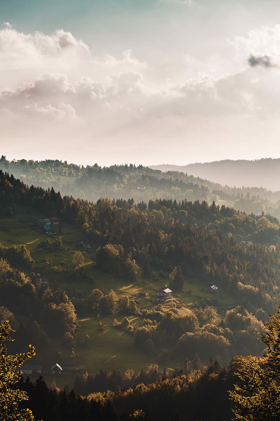 high angle view of trees under clouds, aerial photography of green field and mountains under white clouds HD wallpaper