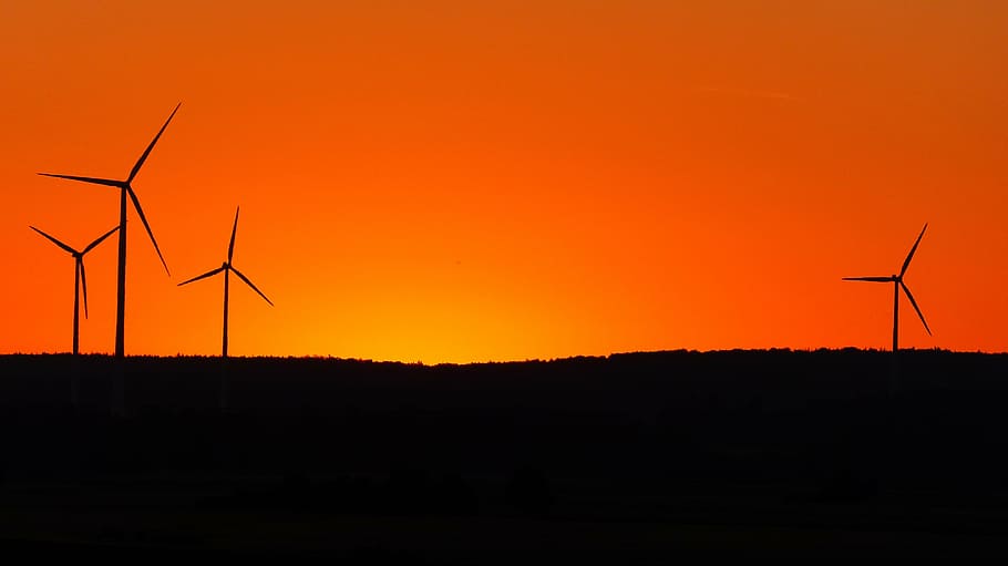silhouette of windmills during sunset, power generation, energy production, HD wallpaper