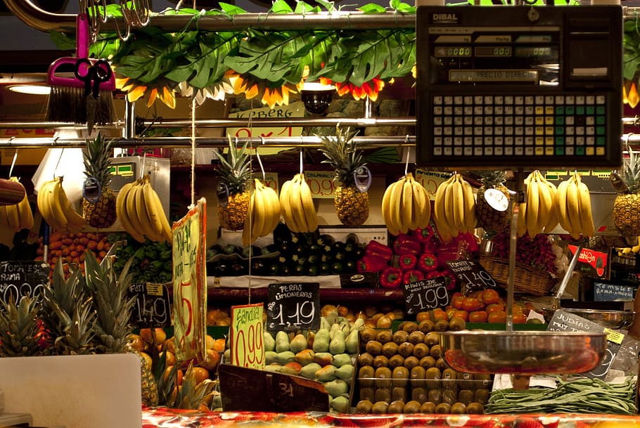market, spread, fruit, vegetables, bananas, pineapple, retail HD wallpaper