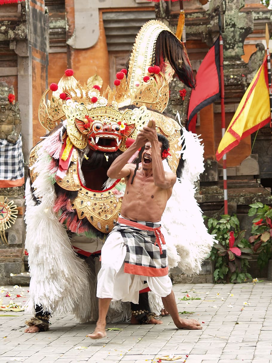 man standing near dragon made costume, Barong, Bali, Dance, Theater