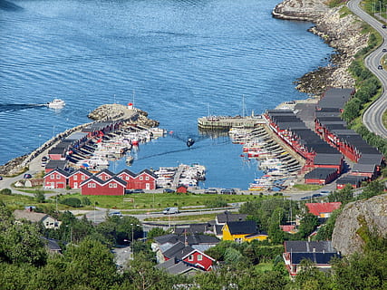 bodo, norway, harbor, bay, water, boats, ships, road, highway HD wallpaper