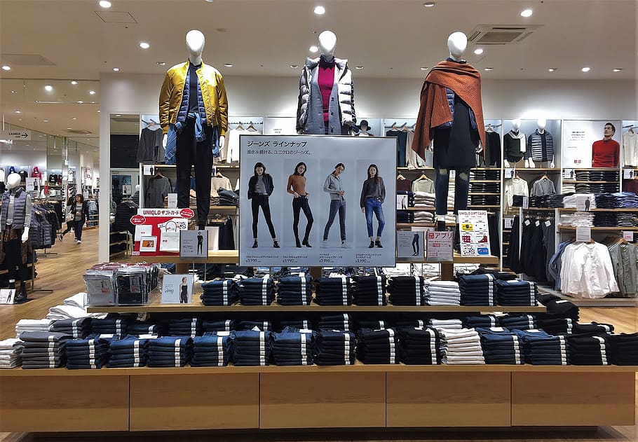 assorted-color apparel display inside room, uniqlo, jeans, on'namono, HD wallpaper