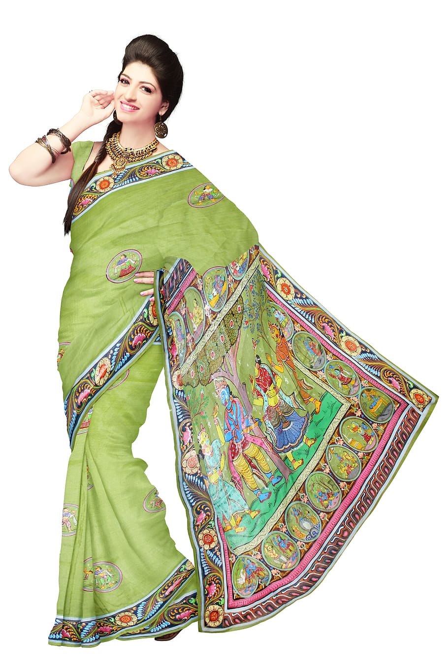 women's green saree dress, fashion, silk, woman, model, clothing, HD wallpaper