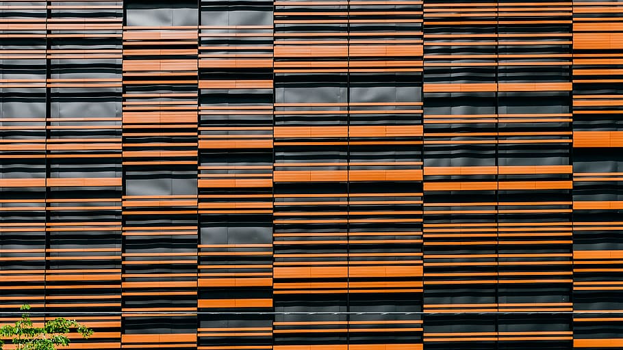 orange and black glass building at daytime, close-up photo of orange blinds HD wallpaper