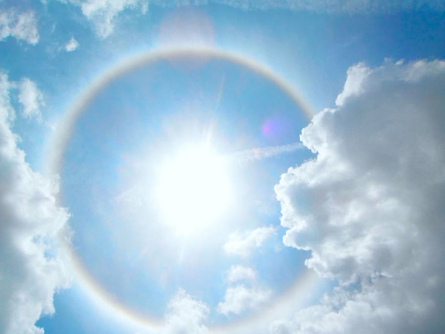 white and blue cloudy sky, halo, sun, light, sunlight, rays, clouds