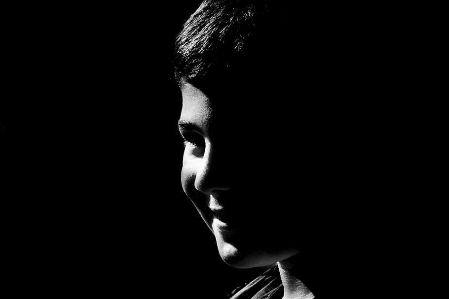 HD wallpaper: boy's face black and white photo, portrait, smile, laugh,  child | Wallpaper Flare