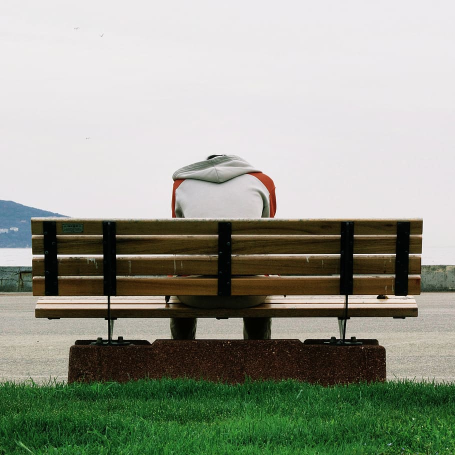 alone, bench, grass, guy, lonely, river, sadness, solitude HD wallpaper