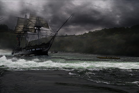 photo of black galleon ship under black clouds, sailing ship HD wallpaper