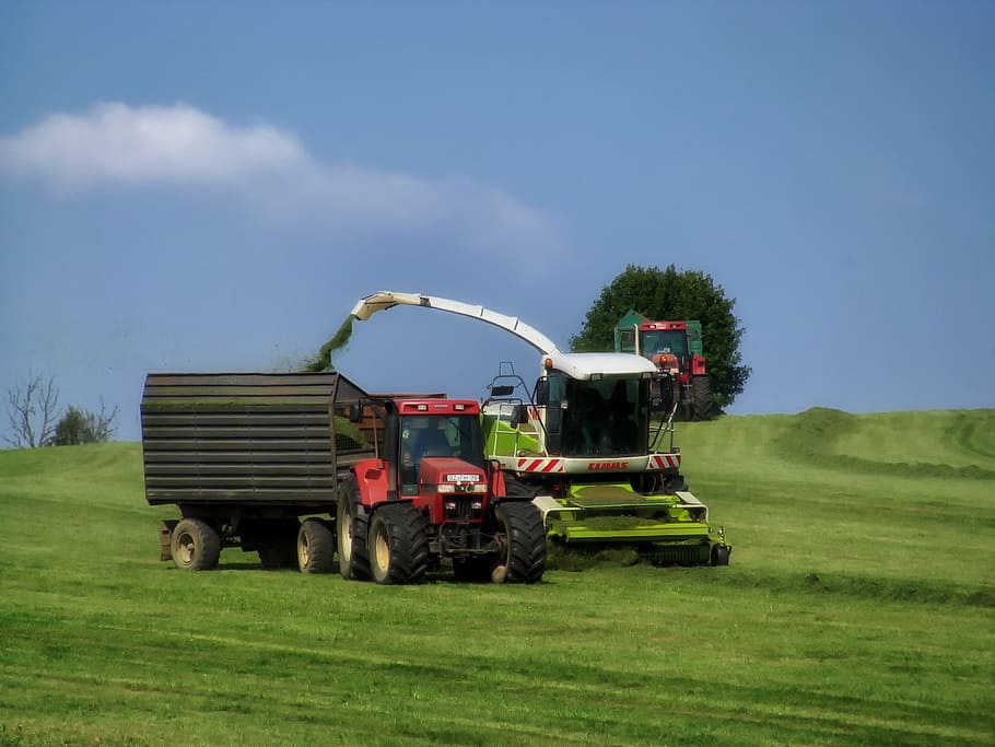 germany, landscape, scenic, farm, combine, tractor, wagon, loading HD wallpaper