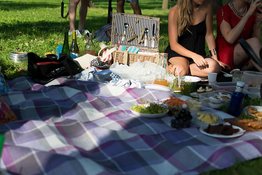 Picnic basket, outside, outdoors, women, people, summer, food HD wallpaper