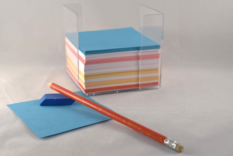 Cards, Notebook, Pencil, notes, stack, multi colored, indoors HD wallpaper