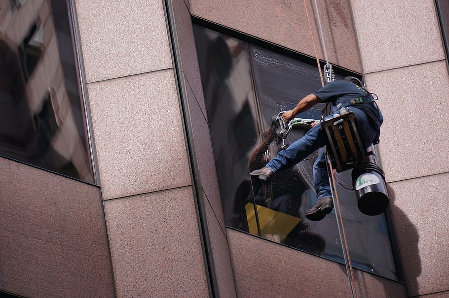 worker, window, washer, window washer, washing, cleaning, building exterior HD wallpaper