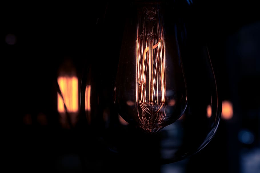 white LED lantern, light, bulb, filament, glass, dark, bokeh