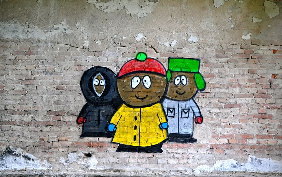 three Southpark characters wall graffiti, south park, street art, HD wallpaper