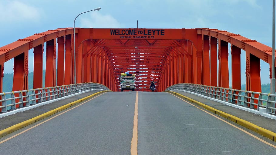 red Leyte bridge under clear blue sky, transport, travel, car, HD wallpaper