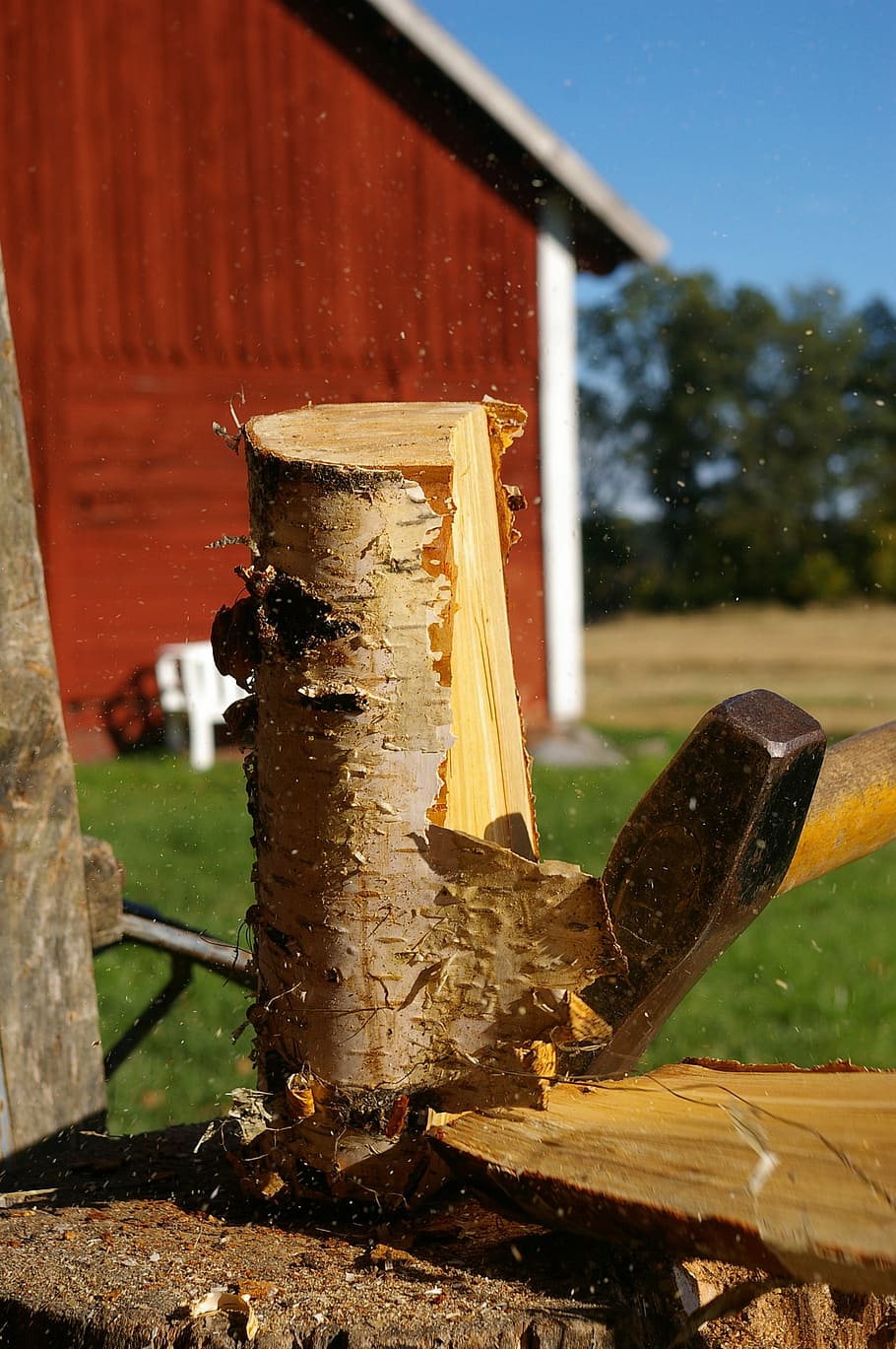 axe, wood, birch, barn, wood - Material, outdoors, nature, focus on foreground HD wallpaper