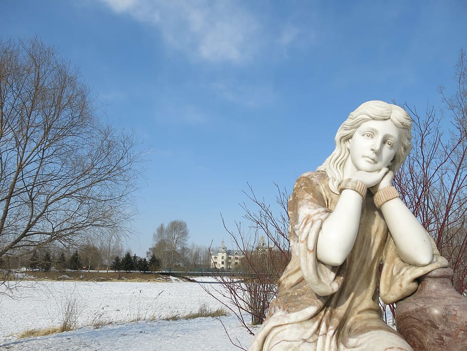 blue sky, sculpture, snow, human representation, art and craft HD wallpaper