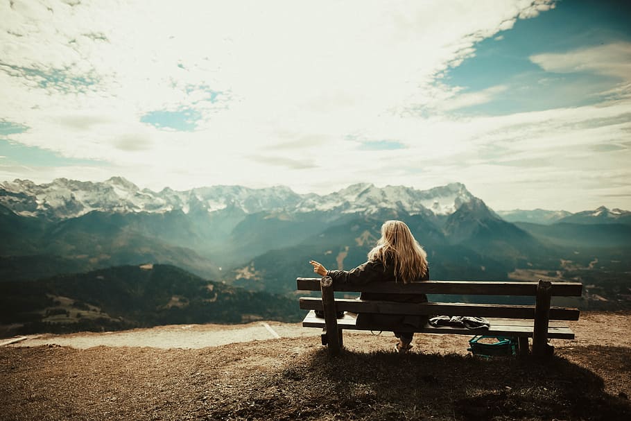 snow, bench, landscape, mountains, blonde, bright, clouds, cloudy HD wallpaper