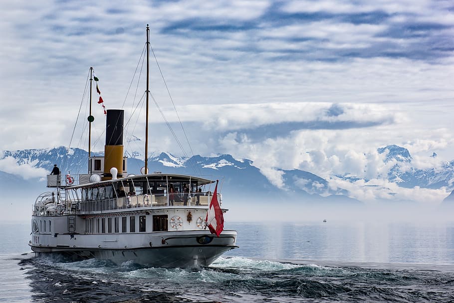 White and Red Boat, blue, clouds, cloudscape, cruise, dawn, ferry HD wallpaper