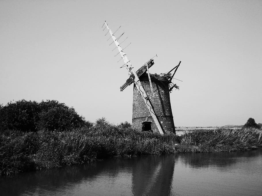 grayscale photography of building near body of water, windmill HD wallpaper