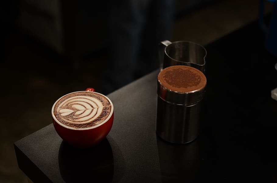 red and white ceramic cup on black wooden surface, coffee, latte, HD wallpaper