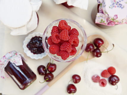 raspberries in clear glass on beige table top, Jam, Boil, Down HD wallpaper
