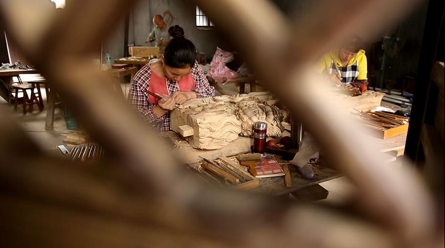 wood carving, zhejiang, dongyang, selective focus, group of people