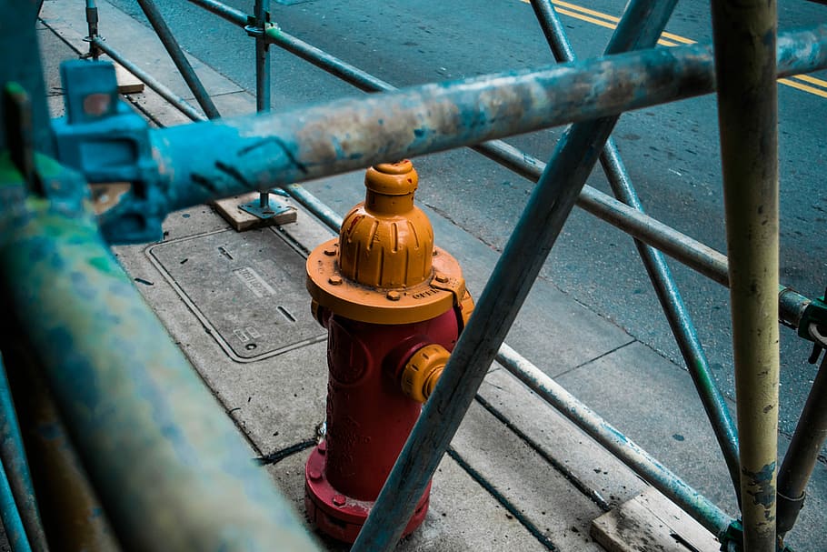 red and yellow fire hyrdrant, fire hydrant, scaffolding, construction HD wallpaper
