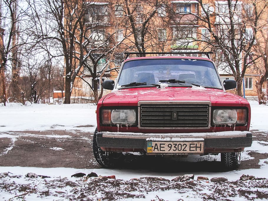 red car on road, old, lada, vehicle, vintage, retro, transportation HD wallpaper