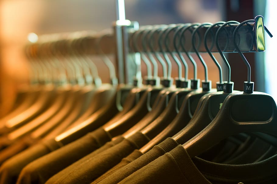 clothes, hangers, rack, in a row, coathanger, hanging, shopping HD wallpaper