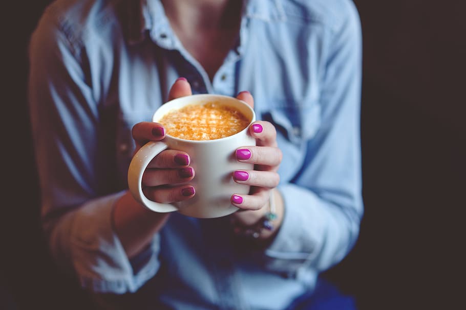 person in blue dress shirt holding a ceramic mug, hands, coffee HD wallpaper
