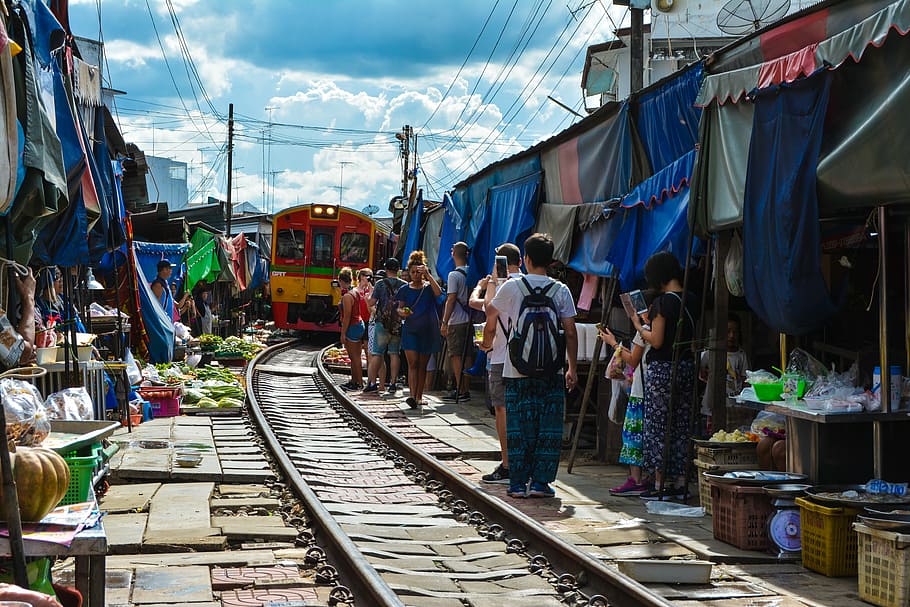 Train Market, people walking near railway, train track, travel
