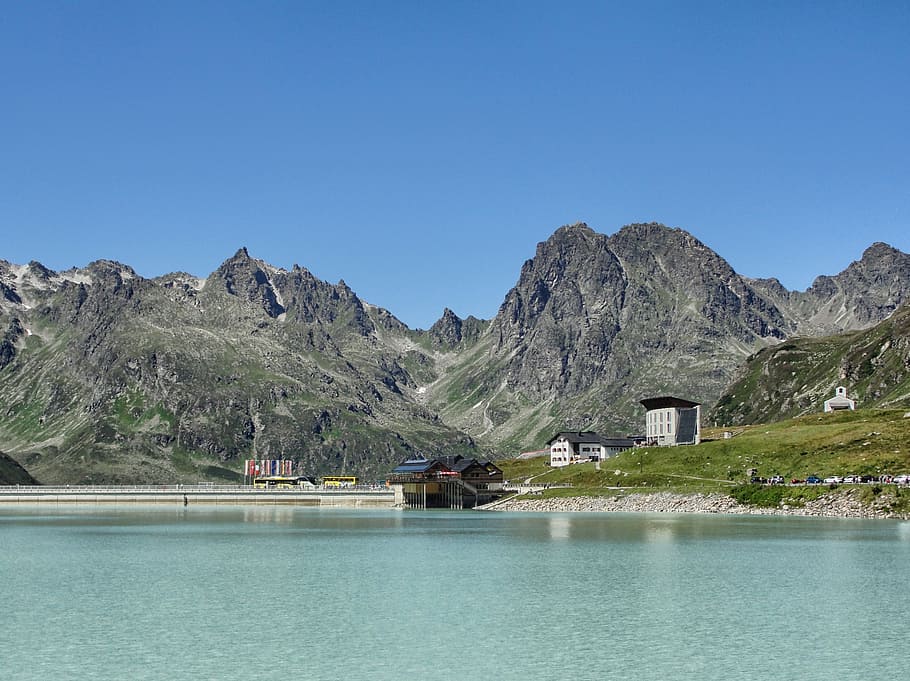 austria, lake, river, water, reflections, dam, mountains, scenic HD wallpaper