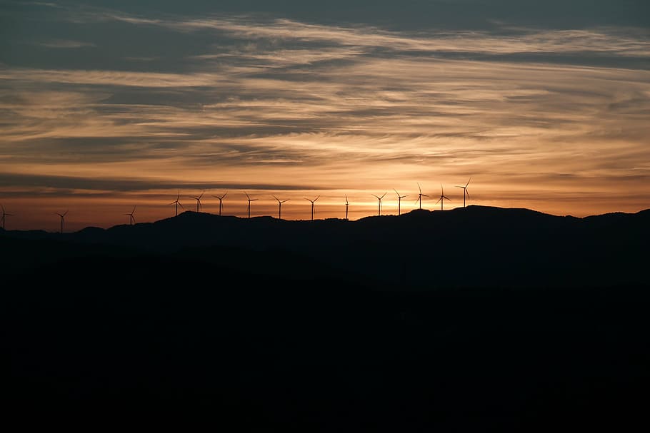 wind farm, windmill, red cloud, sky, sunset, silhouette, cloud - sky HD wallpaper