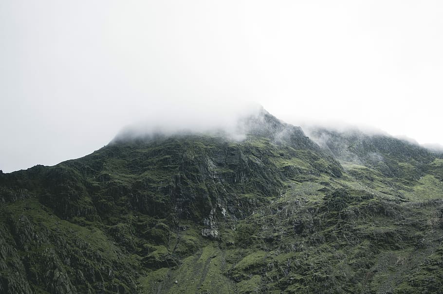 Cloudy Mountains, mountain peak during daytime, rock, sky, cliff, HD wallpaper