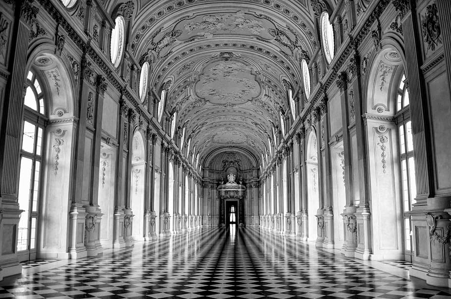 grayscale photo of building interior, venaria, the royal palace of venaria, HD wallpaper