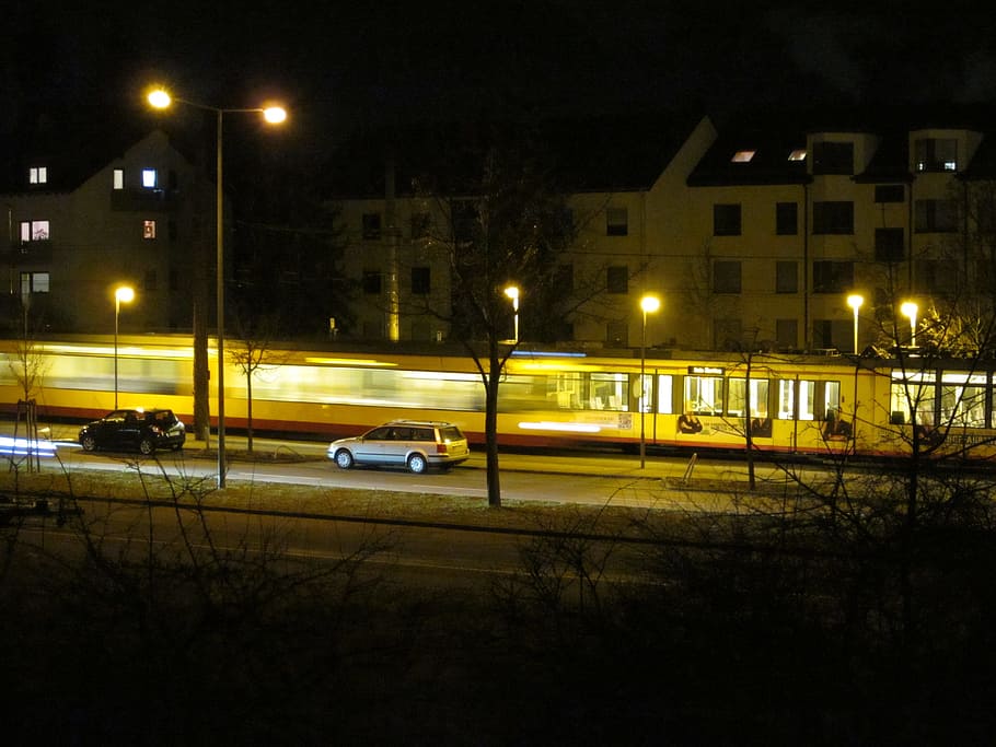 Unfinished, Trams, Night, Autos, Road, homes, gleise, city, HD wallpaper