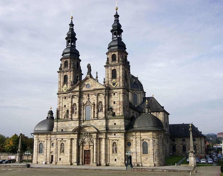 beige concrete chapel at daytime, gray, brown, church, two HD wallpaper